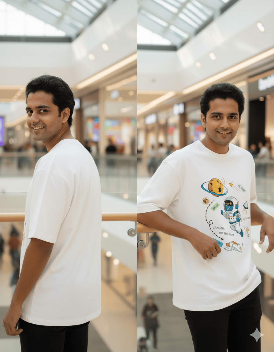Smiling man in white graphic astronaut t-shirt standing in modern shopping mall