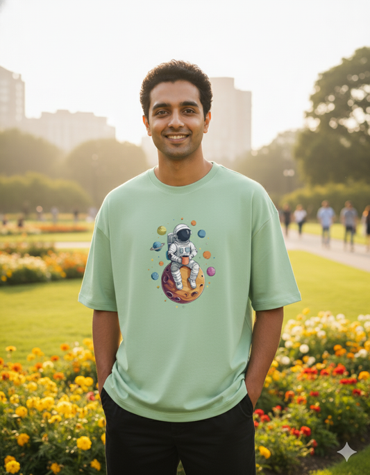 Man in green t-shirt with astronaut graphic standing in a flower garden, outdoors, sunny day