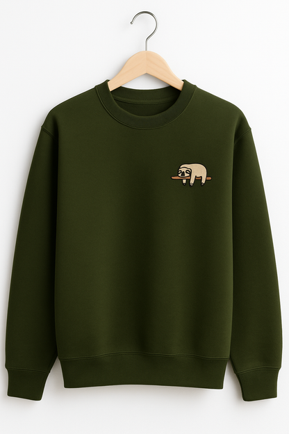 Green sweatshirt with a small bear design on a hanger against a white background
