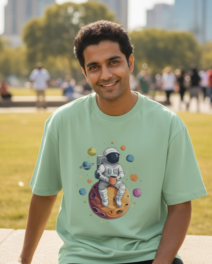 Man in mint green t-shirt with astronaut space graphic, sitting in urban park