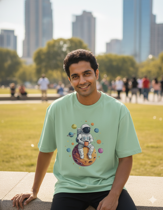 Man in mint green t-shirt with astronaut space graphic, sitting in urban park