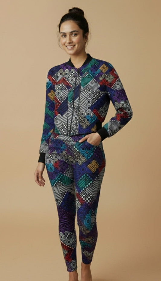 Women's printed activewear co-ord set featuring a colorful geometric bomber jacket and matching leggings, worn by a smiling female model standing barefoot against a beige studio background — iTiDharma athleisure fashion.