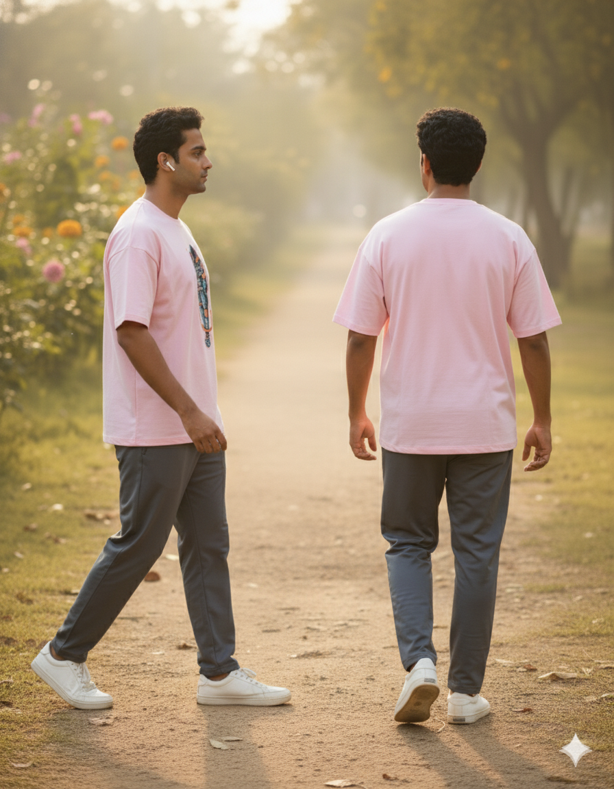 Two men in pink t-shirts walking on a park path, wearing white sneakers and grey pants