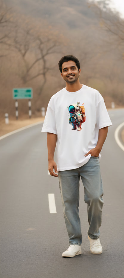 Man in astronaut graphic t-shirt and jeans walking on empty road outdoors