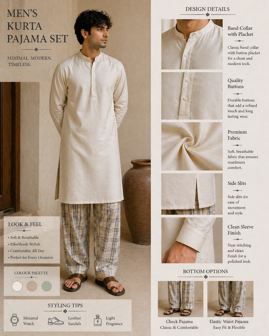 Men's kurta pajama set with design details and styling tips on a neutral background