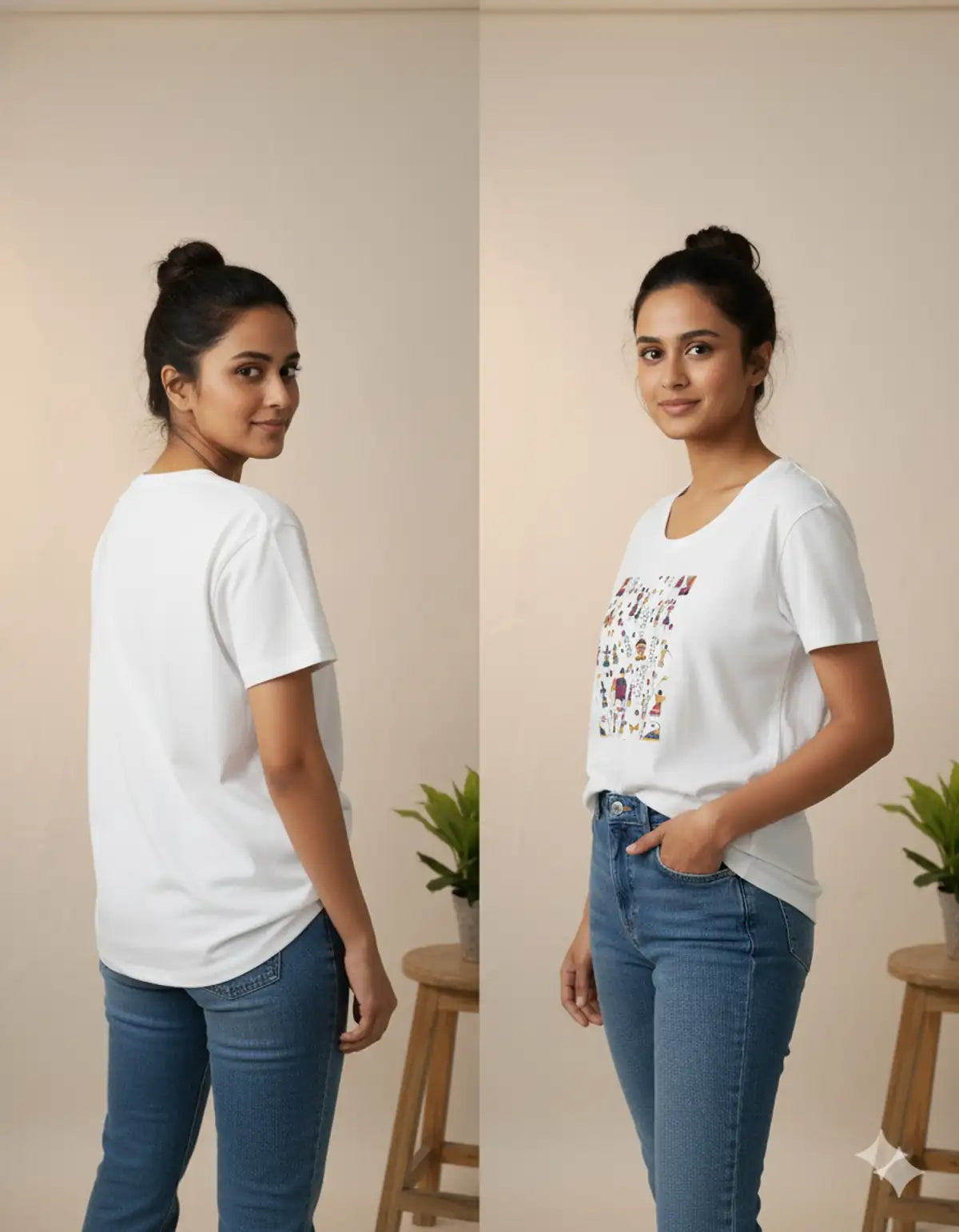 Woman wearing a white graphic T-shirt and blue jeans, front and back view, photographed in a studio for iTiDharma apparel